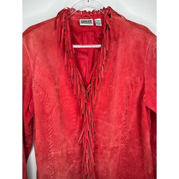 Y2K Western Boho Chico’s Design Red Suede Fringe Leather Jacket Size 2 (M/L) - Picture 8 of 16